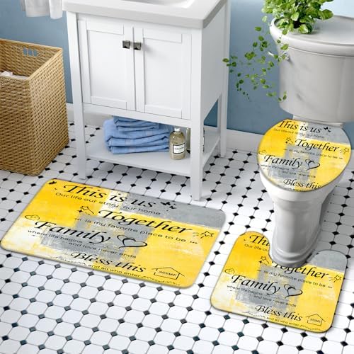 Lnond 4Pcs Shower Curtain Set with Toilet Lid Cover and Non-Slip Rugs for Bathroom,Yelloe Grey Abstract Motivational Bathroom Sets with Shower Curtain and Rugs