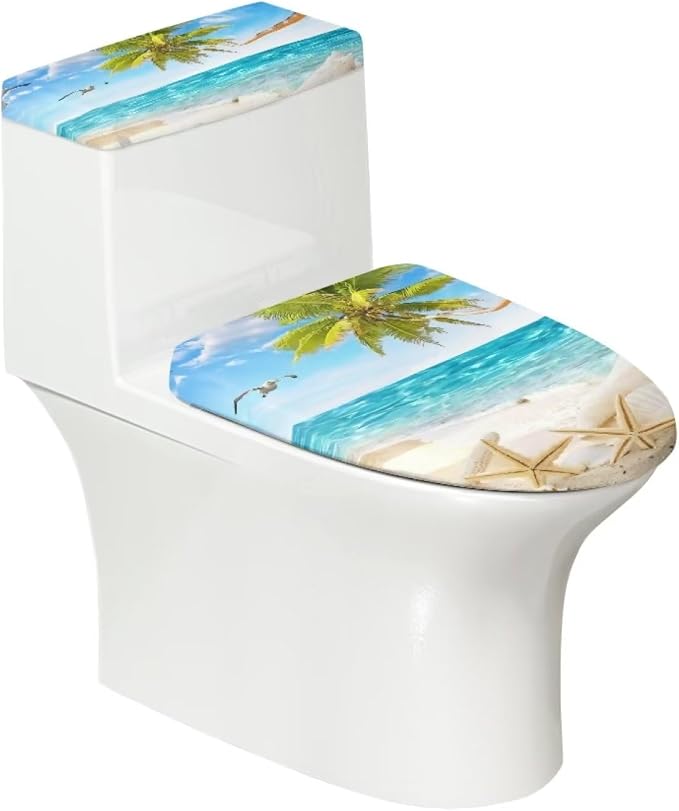 Beach Starfish Toilet Lid Cover Set of 2 Pieces,Blue Sky Pint Toilet Seat Covers with Elastic Edges Washable Set Portable Replacement