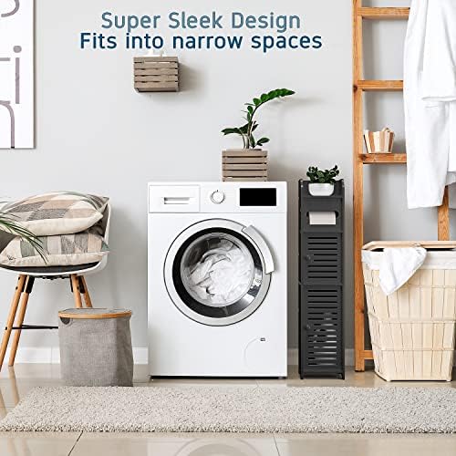 Hearth & Harbor Storage Cabinet With Doors for Toilet Paper, Floor Standing Bathroom Organizer With 2 Apothecary Decor Jars, Shelf Organizer, Black