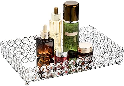 Hedume Crystal Cosmetic Mirrored Makeup Tray, 12.3" x 8", Large Jewelry Organizer, Ornate Decorative Vanity Tray for Dresser, Countertop, Wedding, Home, Bathroom