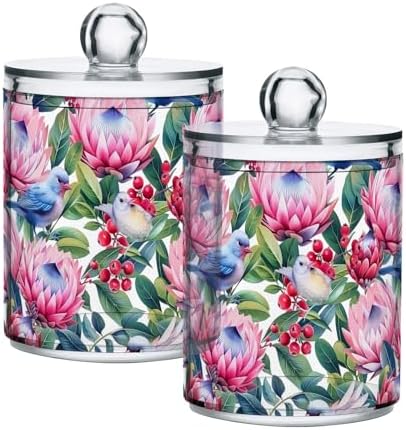 Pink and Blue Tropical Flowers Clear Plastic Jars 2 Pack Apothecary Jars Clear Bathroom Storage Containers for Cotton Ball, Swab, Floss, Makeup Sponges, Hair Clip 10 Oz