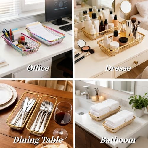 Kitchen Flatware Drawer Organizer, 2pcs Stackable Mesh Cabinet Storage Basket, Stainless Steel Kitchen Utensils Filter Drying Rack Holder for Knives, Fork, Spoon Chopsticks (Rose Gold)