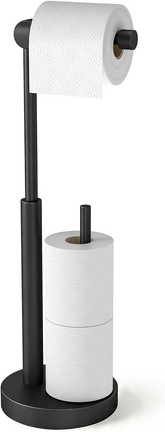 Toilet Paper Holder Stand with Storage & Weighted Base, Matte Black | Free Standing Stainless Steel Design with Open-Ring Arm for Easy Roll Replacement