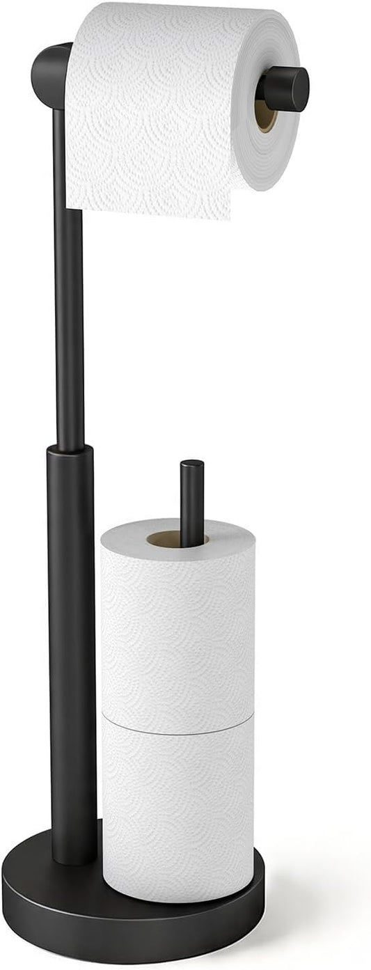 Toilet Paper Holder Stand with Storage & Weighted Base, Matte Black | Free Standing Stainless Steel Design with Open-Ring Arm for Easy Roll Replacement