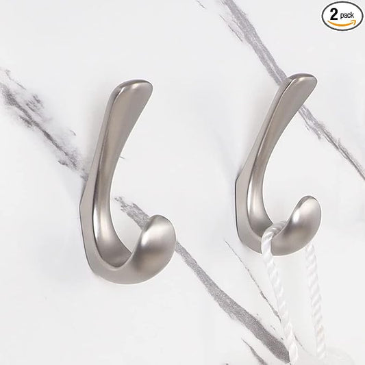 2 Pack Towel Hooks for Bathrooms Wall Mounted, Brushed Nickel Bathroom Hooks for Towels, Robe & Towel Hook for Wall, Modern Bath Towel Hook