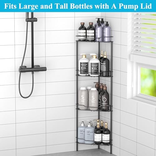 HuggieGems Metal Floor Standing Corner Shower Caddy, Matt Black, 4 Tier