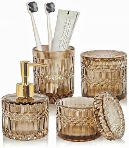 LaMarriti Brown Bathroom Accessories Set, 4Pcs Clear Glass Bathroom Set, Soap Dispenser and Toothbrush Holder Set, Qtips Holder, Soap Dish for Crystal Modern Bathroom Decor, Countertop Organizer