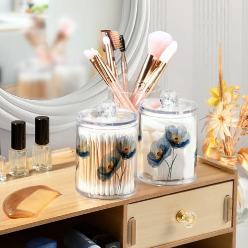 Blue Flower Qtip Holder Apothecary Jars Bathroom Storage Floss Makeup Organizer for Cotton Ball Swab Acrylic 2 Packs