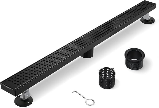 Linear Shower Drain, 60 Inch Black Shower Drain with Removable Square Hole Cover Grate, Modern 304 Stainless Steel Matte Black Shower Floor Drain with Adjustable Feet,Hair Strainer