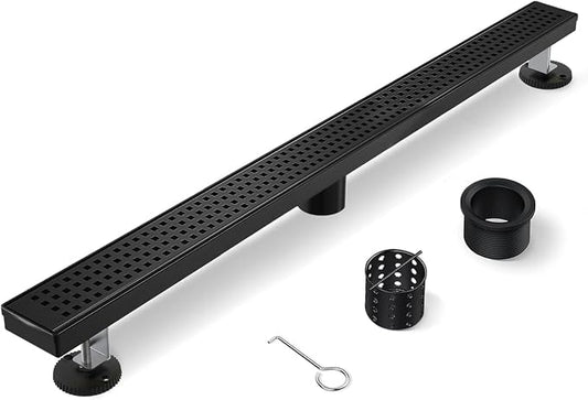 Linear Shower Drain, 60 Inch Black Shower Drain with Removable Square Hole Cover Grate, Modern 304 Stainless Steel Matte Black Shower Floor Drain with Adjustable Feet,Hair Strainer