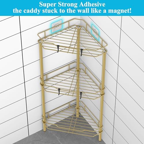 HuggieGems Metal Floor Standing Corner Shower Caddy, Gold, 3 Tier