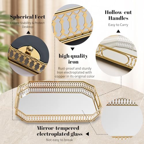 Vintage Gold Mirrored Vanity Mirror Tray Decorative Perfume and Makeup Organizer with Handles for Dresser,Bathroom or Jewelry Display, Decor Home Large Size (Large)