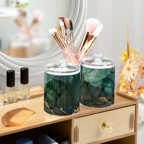MNSRUU 2 Pack Qtip Holder Organizer Dispenser Turquoise Green Marble Bathroom Storage Canister Cotton Ball Holder Bathroom Containers for Cotton Swabs/Pads/Floss