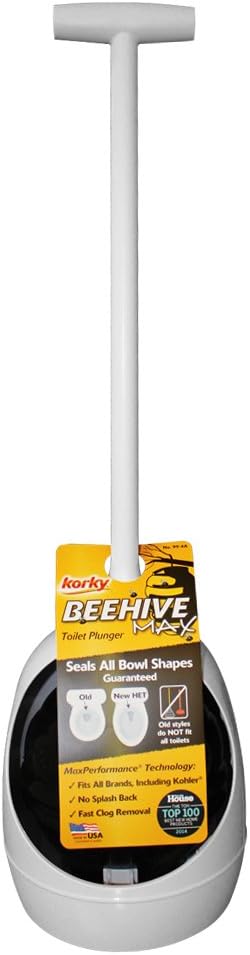Korky 95-4A Beehive Max Universal Toilet Plunger and Holder - Fits all Old and New Toilets - Powerful Plunge - Easy Grip T-Handle - Made in USA