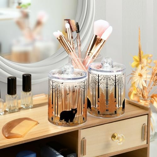 MNSRUU 4 Pack Qtip Holder Organizer Dispenser Black Bear Forest Pink Bathroom Storage Canister Cotton Ball Holder Bathroom Containers for Cotton Swabs/Pads/Floss