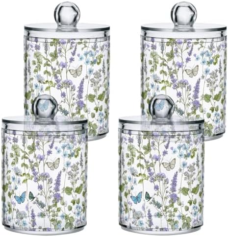 ALAZA Flower Butterfly Floral Leaves 4 Pack Qtip Holder Dispenser for Cotton Swabs, Balls, Pads, Floss 10 oz Plastic Canister Organizer