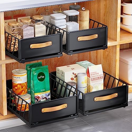 Pull out Cabinet Organizer,Heavy Duty Slide out Pantry Shelves Drawer Storage with Adhesive Nano Film,Sliding Mesh Cabinet Basket with Handle for Kitchen, Bathroom, Home, 9.8"W X 15.7"D X 6.2"H,Black