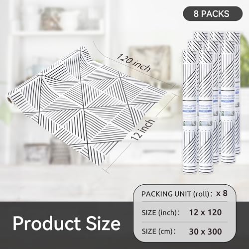 FIFTY FEET 12"x120" Non-Adhesive Shelf Liner for Kitchen Cabinets and Drawers, Washable Non-Slip PVC Cabinet Liner (Black Modern)(8 Roll)