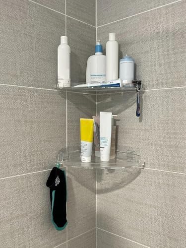 JiePai Acrylic Corner Shower Caddy Shelf with Hooks 4 Pack, Adhesive Wall Mounted Bathroom Shower Organizer for Inside Shower & Kitchen Storage, Space-Saving Design