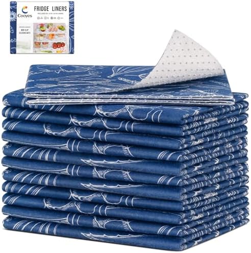 Cooyes Fridge Bin Liners, 12 Pack Refrigerator Liners with Non-Slip Particles, Drawer Mats for Kitchen Cabinets, Breathable Cloth Material, Washable, Keep Produce Fresh Longer