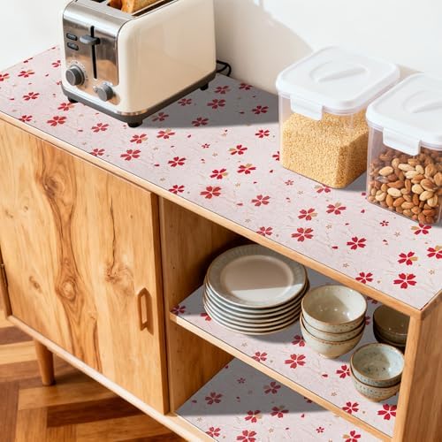 FIFTY FEET 12"x120" Non-Adhesive Shelf Liner for Kitchen Cabinets and Drawers, Washable Non-Slip PVC Cabinet Liner (Red Floral)(2 Roll)