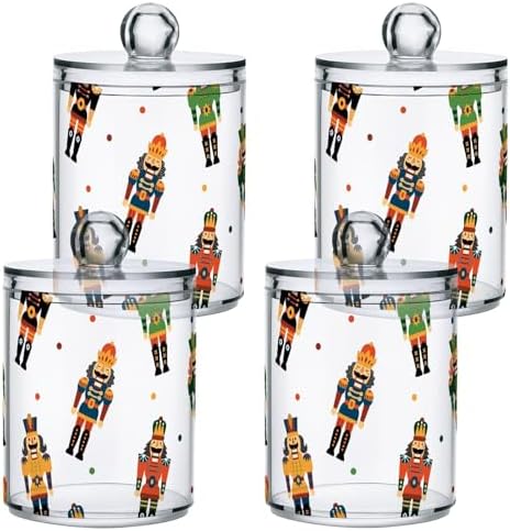 2 Pack Apothecary Jars Bathroom Christmas Nutcrackers Qtip Holder Dispenser Clear Plastic Storage Canister Jar with Lid for Cotton Ball, Cotton Swab