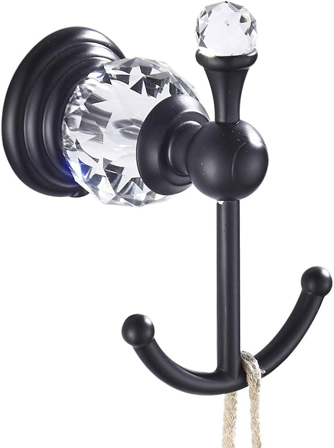 Crystal Black Towel Hook, Bathroom Robe Hook, Coat Rack Hanger Heavy Sturdy Double Towel Hooks Bath Farmhouse Clothes Hook Wall Mounted Modern for Bathroom Kitchen Washroom