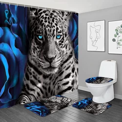 NBVKO 4PCS Blue Rose and Leopard Shower Curtain Set with Non-Slip Rugs,Toilet Lid Cover and Bath Mat,Bathroom Decor Accessory Set