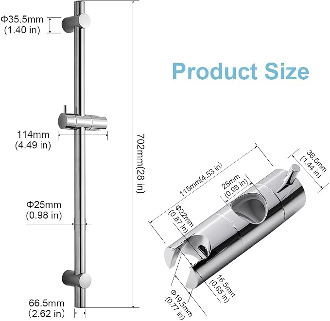 OFFO Shower Slide Bar 28 in Adjustable Installation Distance 19-27 in with 360° Adjustable Handheld Shower Head Holder for Bathroom, Screw Wall Mounted, Chrome Finish