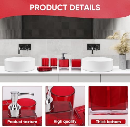 LGURT 5-Pc Red Acrylic Bath Accessories—Dispenser, Dish, Organizer & 2 Cups
