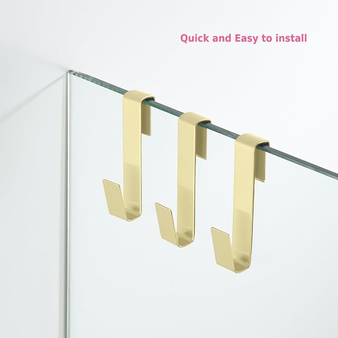 Shower Door Hooks,Towel Hook, Over Glass Door Hook for Bathroom, Suit for Frameless Glass Shower Door 0.39" (10 mm) Stainless Steel Gold, 3 Pack