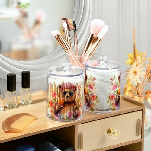 MNSRUU 2 Pack Qtip Holder Organizer Dispenser Animal Bears Pink Bathroom Storage Canister Cotton Ball Holder Bathroom Containers for Cotton Swabs/Pads/Floss