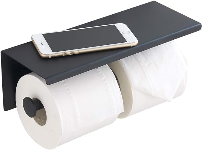 BGL 304 Stainless Steel Double Toilet Paper Holder Wall Mounted Matte Black Two Heads Roll Tissue Paper Holder with Shelf (Black)