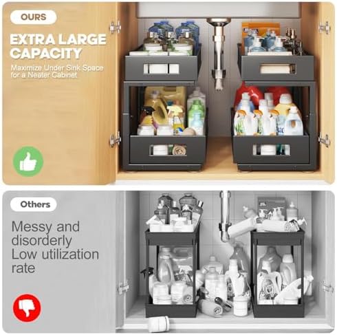 2 Packs 19IN Depth Under Sink Organizer, 2-Tier Pull Out Cabinet Organizer With Smooth Circular Rail, Large Capacity Metal Mesh Sliding Drawers For Bathroom& Kitchen Storage,Height Adjustable –Black