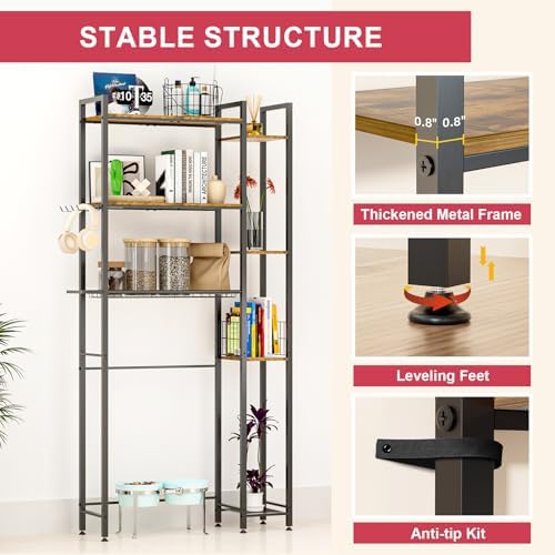 Over The Toilet Storage with Wooden Shelves and Side Rack, 7-Tier Metal Over Toilet Bathroom Organizer Freestanding Storage Shelf for Toilet Paper, Towels, Toiletries, Ideal for Small Bathroom