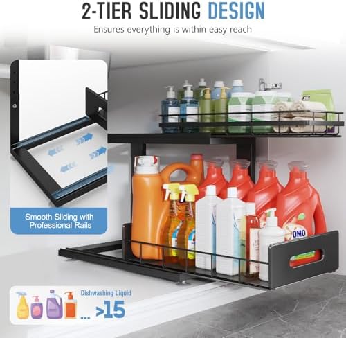 Under Sink Organizer Upgrade To Professional Rails,2-Tier Dual Pull Out Cabinet Storage,Height Adjustable Slide Out Drawers For Bathroom Kitchen,2 Pack-18.5"Dx12.8"-16.9"H,Black