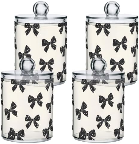 ALAZA Black Bow with Polka Dots 4 Pack Qtip Holder Dispenser for Cotton Swabs, Balls, Pads, Floss 10 oz Plastic Canister Organizer