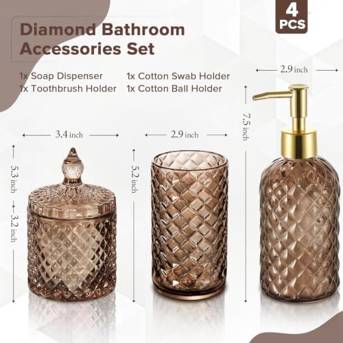 RYTOXILO Brown Bathroom Accessories Set, 4 Pack Brown Bathroom Decor Accessory Sets Complete, Diamond Glass Soap Dispenser and Toothbrush Holder Set for Bath Counter Organizer Essentials