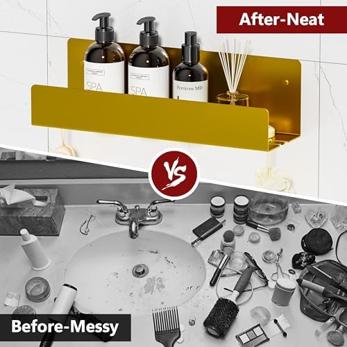 Qeke Shower Caddy, 12" Bathroom Shelf Organizer with 2 Hooks, SUS304 Stainless Steel Floating Shelves with Large Capacity, Rustproof Rack for Inside Shower, Brushed Golden