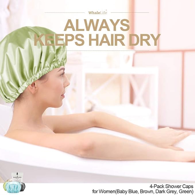 Shower Caps Satin Lined Waterproof for Women Men 4Pc Bright Mixed Colors | Double Layer 100 Percent Dry Jumbo Oversized Fits Thick Hair Smooth Lining Prevents Hair Frizz Snug Elastic Band No Pressure