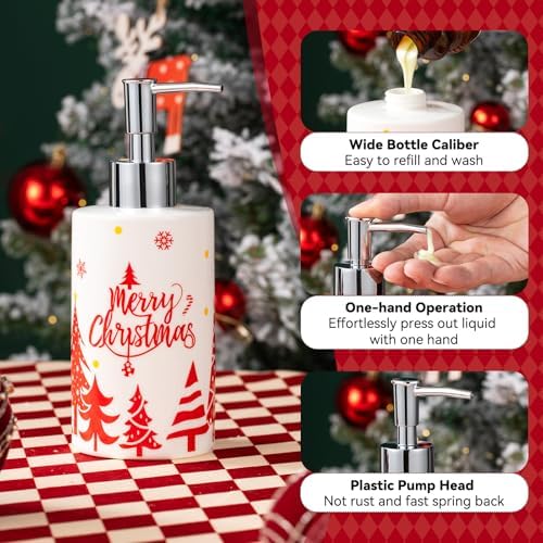 Christmas Bathroom Accessories Set, 4-Piece Ceramic Bathroom Accessory Set Include Lotion Dispenser, Toothbrush Holder Tumbler, and Soap Dish (White)
