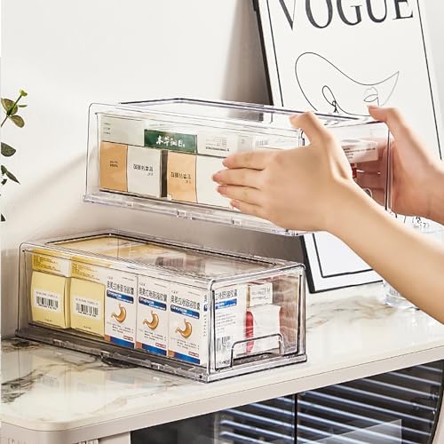 Pull Out Drawer Medicine Box for Safe Medication Storage, Large Refrigerator Storage Bin for Kitchen Food Safe, Tablet Box for Kids Home/Office Organize Ointments,2 Pack - Clear（ Medium）