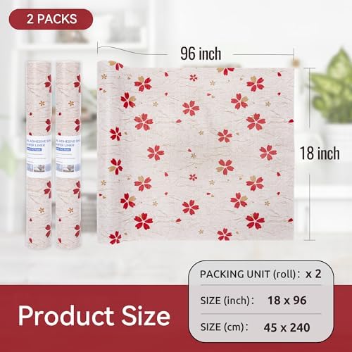 FIFTY FEET 18"x96" Non-Adhesive Shelf Liner for Kitchen Cabinets and Drawers, Washable Non-Slip PVC Cabinet Liner (Red Floral)(2 Roll)