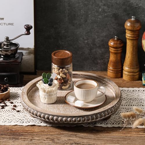 Decorative Coffee Table Tray, Brown Round Wooden Tray for Decor