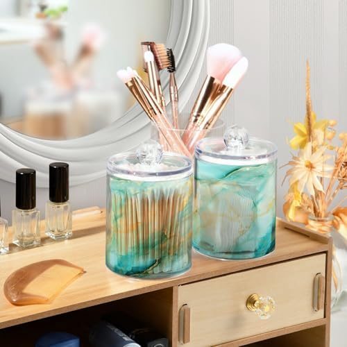 MNSRUU 4 Pack Qtip Holder Organizer Dispenser Teal Blue Cracked Marble Bathroom Containers Bathroom Vanity Storage Canister Apothecary Jars for Cotton Swabs/Pads/Floss