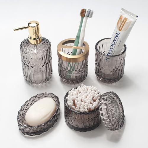 IVAILEX 5PCS Grey Glass Bathroom Accessories Sets of Lotion Dispenser, Soap Dish, Toothbrush Holder, Tumbler, Cotton Swab Jars, Modern Bath Decor, Vintage Gift