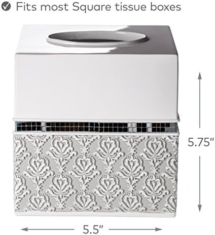 Mirror Damask White & Gray Square Resin Tissue Box Cover with Bottom Slider