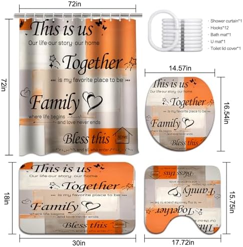 Lnond 4Pcs Shower Curtain Set with Toilet Lid Cover and Non-Slip Rugs for Bathroom,Orange Abstract Motivational Bathroom Sets with Shower Curtain and Rugs