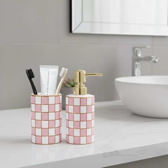 Bathroom Toothbrush Holder Set, Ceramic Checkered Soap Dispenser and Tooth Brush Holder Set, Modern Bathroom Accessories Sets Countertop, Black and White Checkered Bathroom Decor Set (Pink)