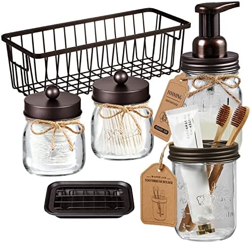 SheeChung Glass Mason Jar Bathroom Accessories Set, 6Pcs Farmhouse Decor